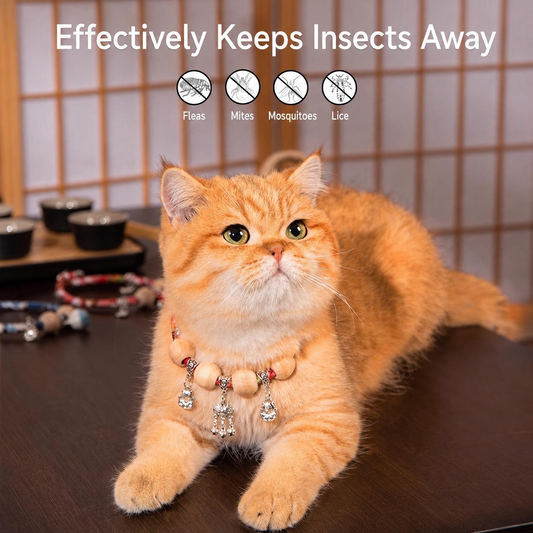Adjustable Anti-Flea Cat Collar with Bell & Wooden Bead Design