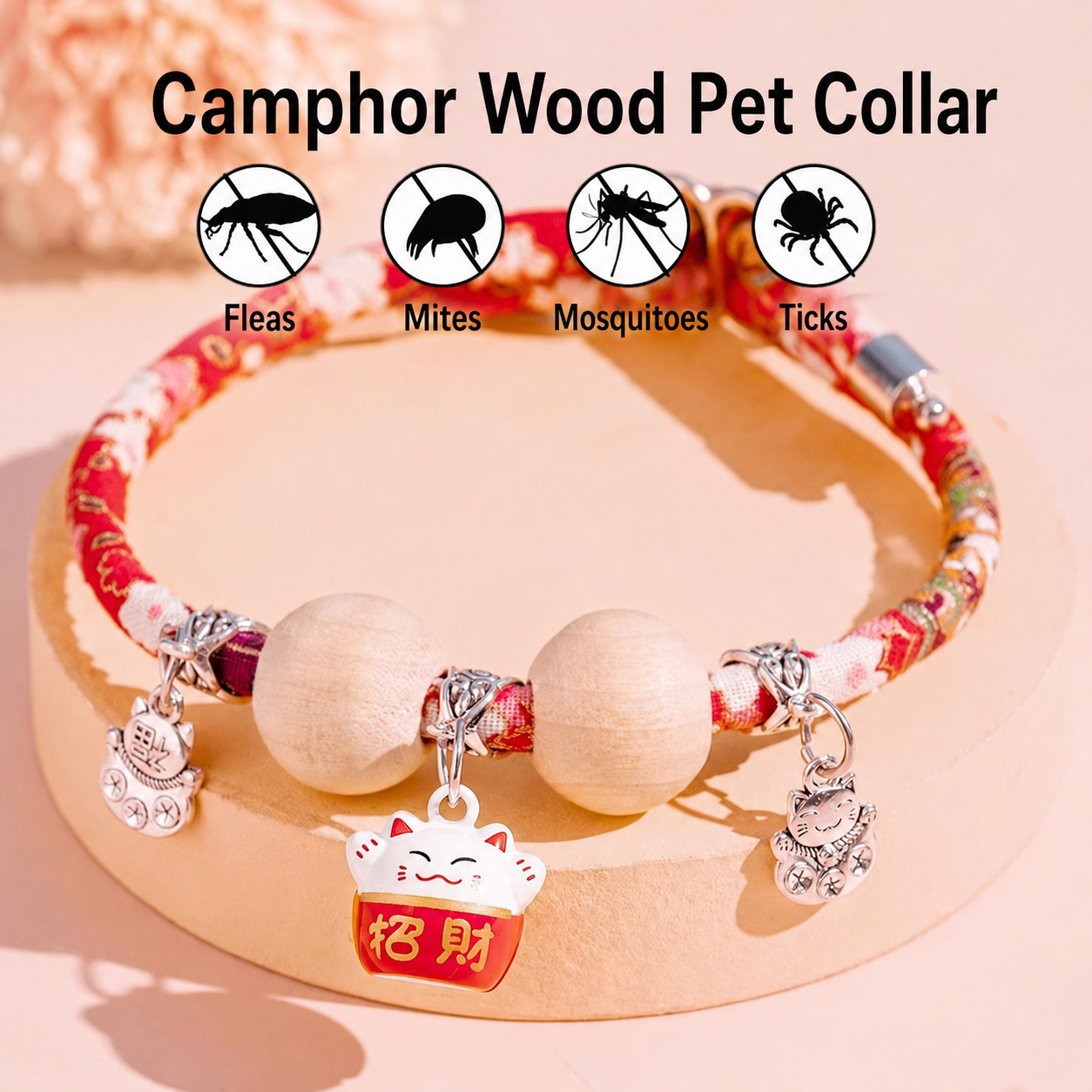 Adjustable Anti-Flea Cat Collar with Bell & Wooden Bead Design