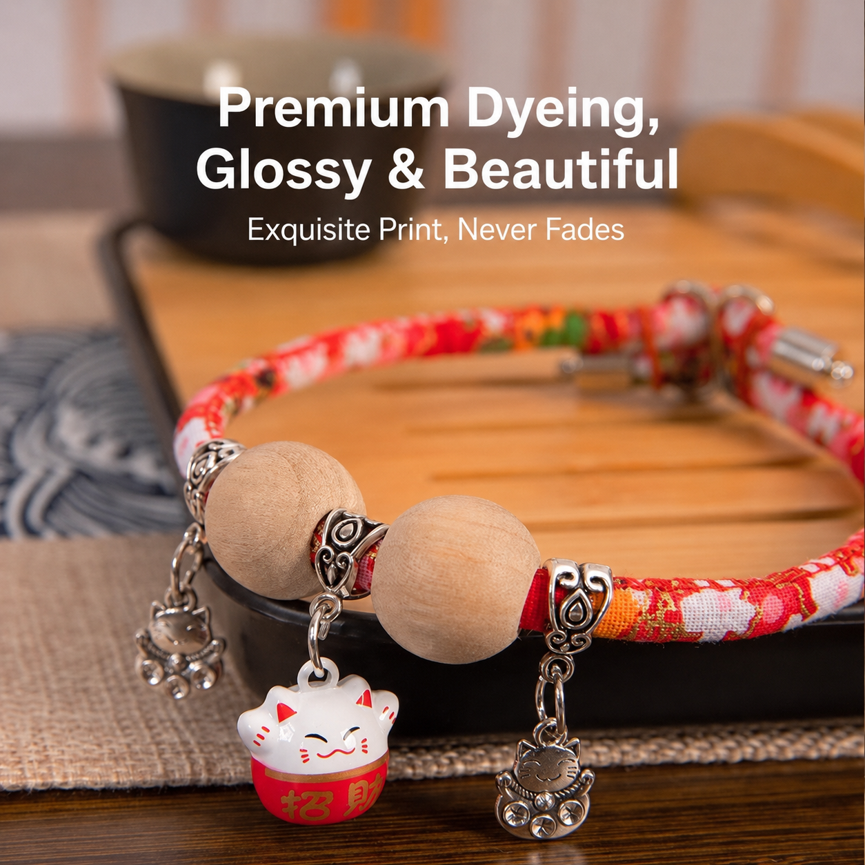Adjustable Anti-Flea Cat Collar with Bell & Wooden Bead Design